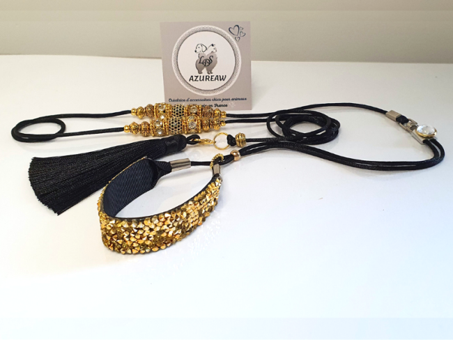 Laisse expositions canines Luxe NOIR DORÉ pour mini chien - Fait main