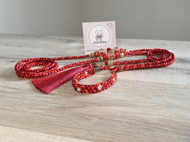 Laisse expositions canines LUXE Strass PRESTIGE BORDEAUX - Fait main Laisse expositions canines LUXE Strass PRESTIGE BORDEAUX - Fait main