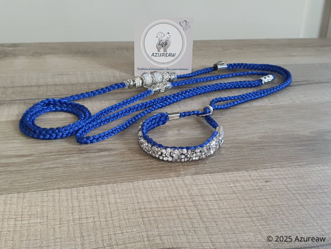 Laisse d’exposition Éclat Royal – Bleu roi et finitions argentées Azureaw Laisse d’exposition bleu roi Azureaw avec sous-gorge pailleté argenté et perles argentées
