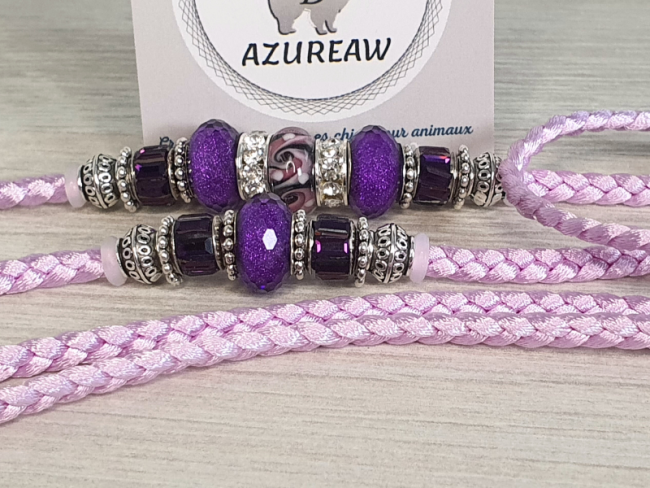 Laisse d’exposition canine Parme élégance Azureaw, parme avec perles, entièrement tressée main.