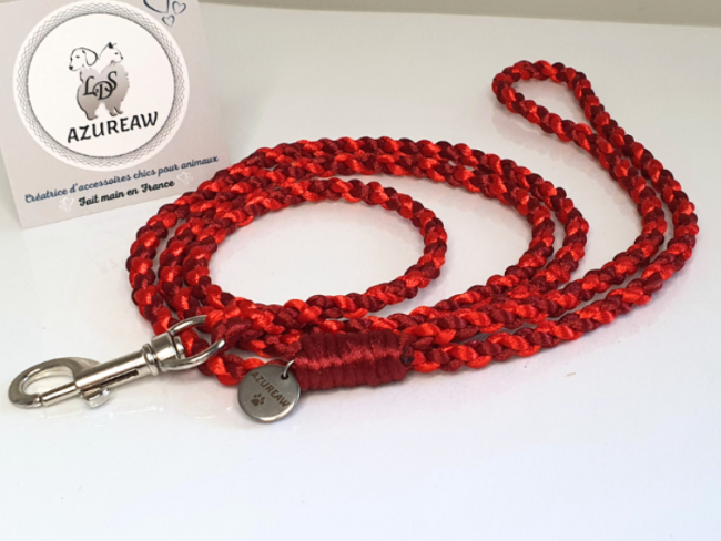 Laisse mousqueton rouge et bordeaux entièrement tressée main – modèle Alliance Rouge & Bordeaux – Azureaw