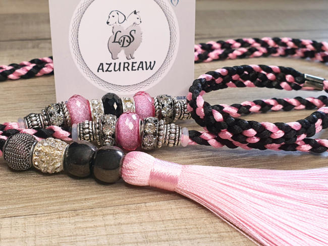 Laisse exposition canine LUXE - NOIR & ROSE avec poignée ET pompon amovible -  fait main