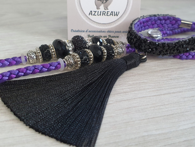 Laisse d’exposition luxe Éclat Nocturne Azureaw tressée violette avec perles noires et pompon noir