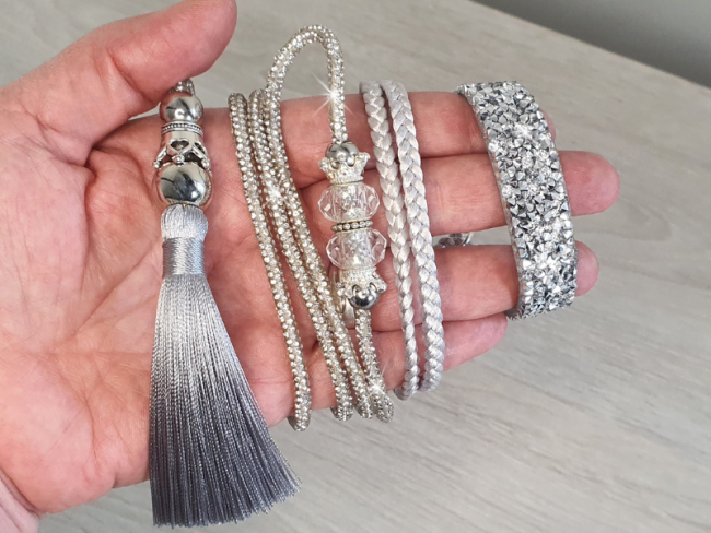 Laisse exposition scintillante argent présentée dans la main pour montrer la finesse et la taille