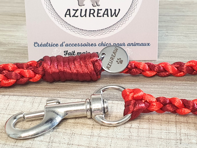 Laisse mousqueton rouge et bordeaux entièrement tressée main – modèle Alliance Rouge & Bordeaux – Azureaw