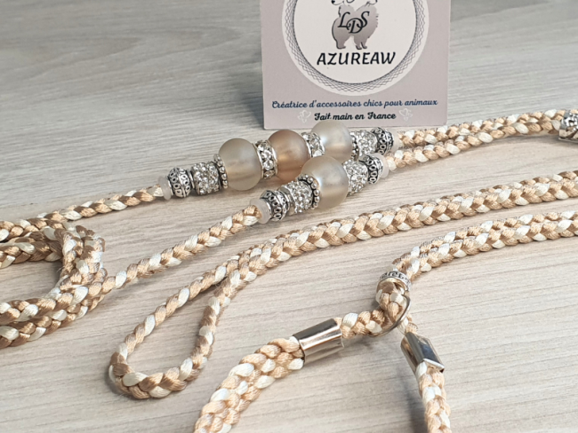 Laisse d’exposition canine Douceur Champagne tressée champagne et ivoire avec perles – Azureaw