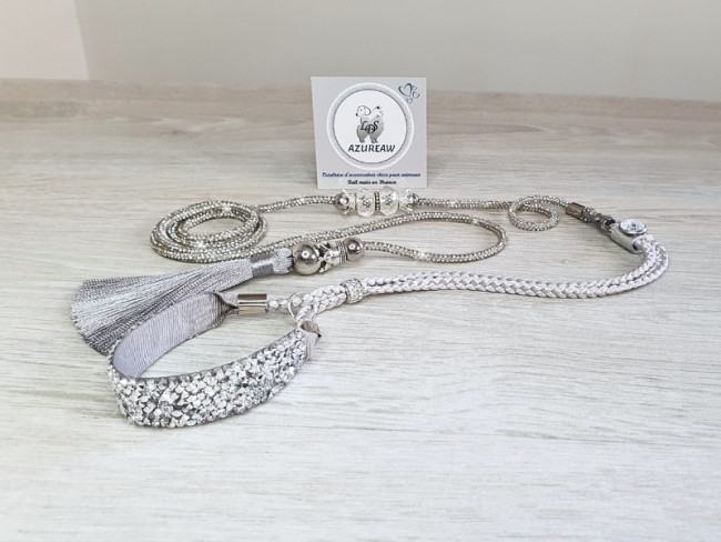 Laisse exposition scintillante argent complète avec collier tressé et sous-gorge pour mini chien fait main