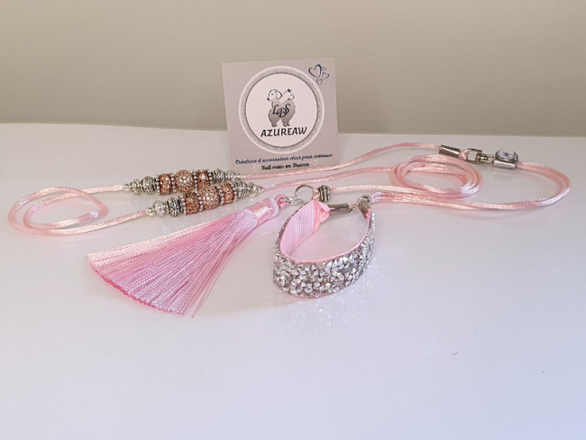 Laisse expositions canines Luxe ROSE BÉBÉ ARGENTÉ pour mini chien - Fait main Laisse expositions canines Luxe ROSE BÉBÉ ARGENTÉ pour mini chien - Fait main