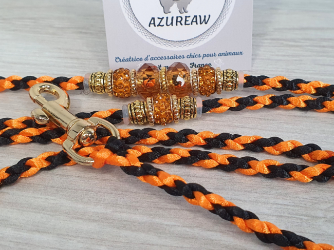Laisse mousqueton orange et noire Azureaw avec perles champagne et finition dorées