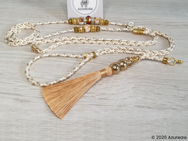 Laisse d’exposition Luxe Ivoire Champagne Azureaw sans sous-gorge,  tressée avec perles champagne dorées et pompon amovible