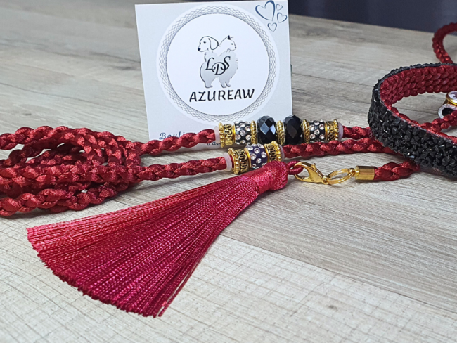 Laisse expositions canines LUXE Pailletée -  BORDEAUX NOIR DORÉ avec pompon pour grand chien - fait main