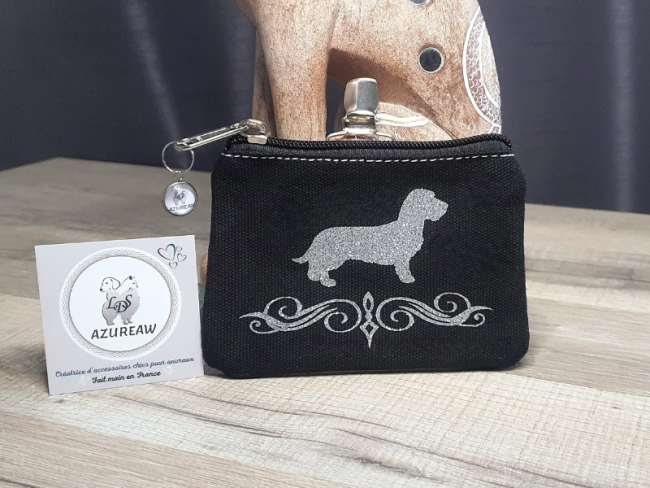 Pochette à friandises noire Modèle ÉLÉGANT personnalisée pailleté argenté fixation pince, Toutes races - Fait main