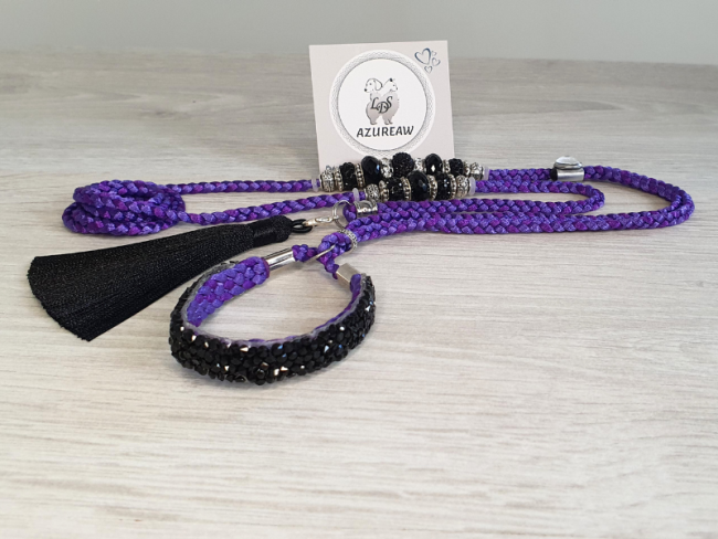 Laisse d’exposition luxe Éclat Nocturne Azureaw tressée violette avec perles noires et pompon noir