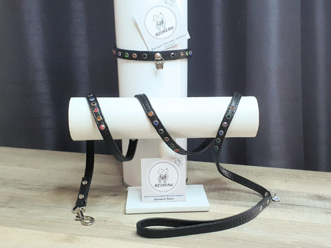 Laisse et collier Noir Strass multi couleurs *Mini chien* - Fait main