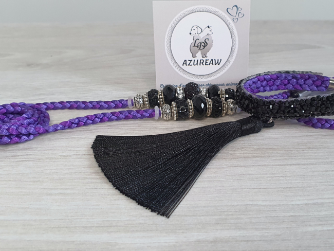 Laisse d’exposition luxe Éclat Nocturne Azureaw tressée violette avec perles noires et pompon noir