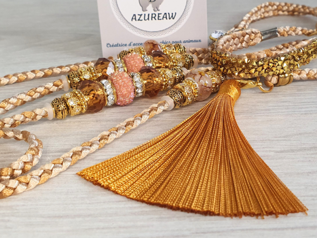 Laisse luxe expositions canines Champagne & Caramel pailleté doré avec pompon pour petit chien - Fait main