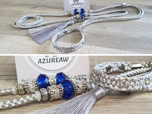 Laisse expositions canines LUXE Strass ARGENTÉ MARINE ARGENTÉ MARINE pour petit/moyen chien - Fait main