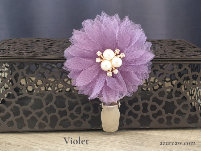 Broche porte-numéro Fleur perles et strass Violet Azureaw- Fait main