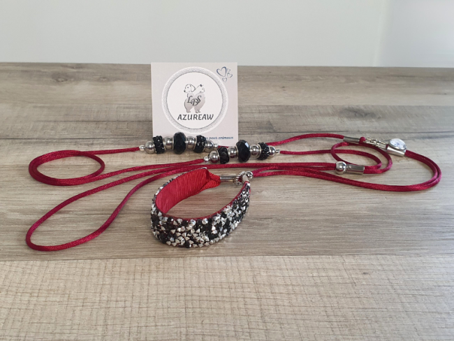 Laisse d’exposition BORDEAUX NUIT – Mini chien luxe bordeaux satin avec perles | Azureaw Laisse d’exposition BORDEAUX NUIT pour mini chien, satin bordeaux avec pailleté et perles noir et argenté | Azureaw