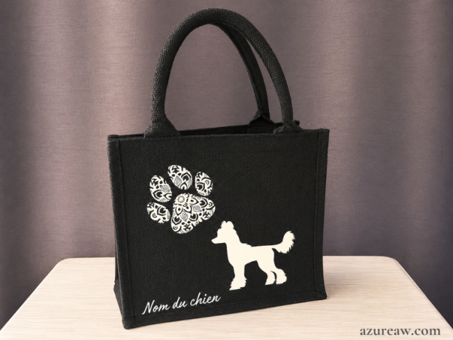 Mini sac en toile de jute Noir/ Argenté personnalisé à l'image de votre chien - Fait main