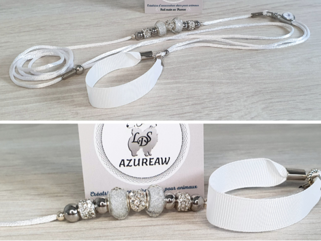 Laisse d’exposition Neige d'argent – Azureaw Laisse d’exposition Azureaw blanche avec perles et sous-gorge – Neige d'argent
