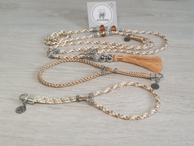 Ensemble Personnalisé laisse mousqueton ivoire & Champagne Azureaw avec perles champagne et Colliers assortis finition argentée