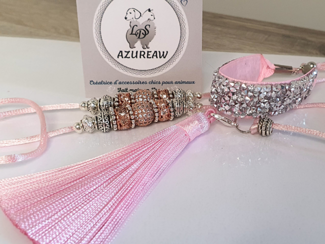 Laisse expositions canines Luxe ROSE BÉBÉ ARGENTÉ pour mini chien - Fait main Laisse expositions canines Luxe ROSE BÉBÉ ARGENTÉ pour mini chien - Fait main