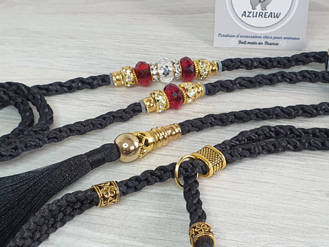 Laisse d’exposition Majesté Rubis noir avec perles, pompon et sous-gorge | Azureaw