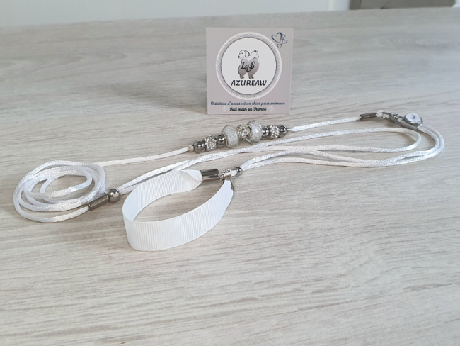 Laisse d’exposition Neige d'argent – Azureaw Laisse d’exposition Azureaw blanche avec perles et sous-gorge – Neige d'argent