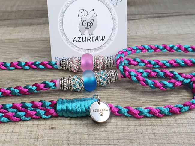 Laisse expositions canines TURQUOISE FUSCHIA pour grand chien  - Fait main