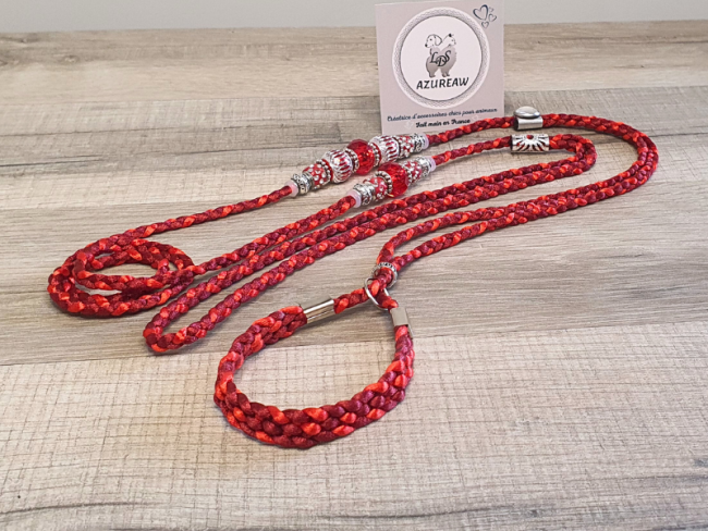 Laisse d’exposition tressée rouge & bordeaux avec perles – Cœur de rubis | Azureaw