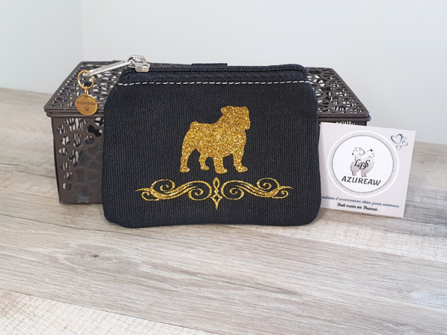 Pochette à friandises noire Modèle ÉLÉGANT personnalisée pailleté doré fixation pince, Toutes races - Fait main
