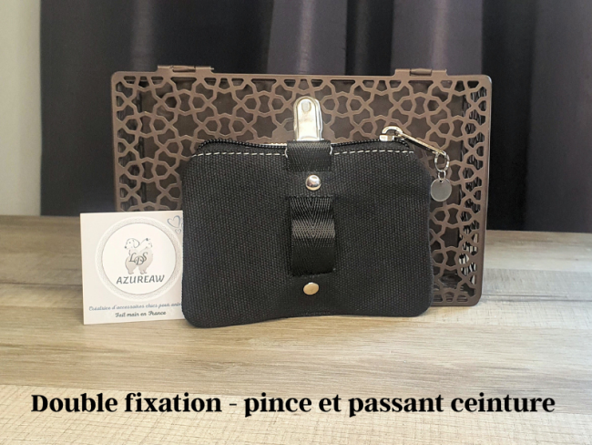 Pochette à friandises noire double fixation - pince et passant ceinture  - Fait main