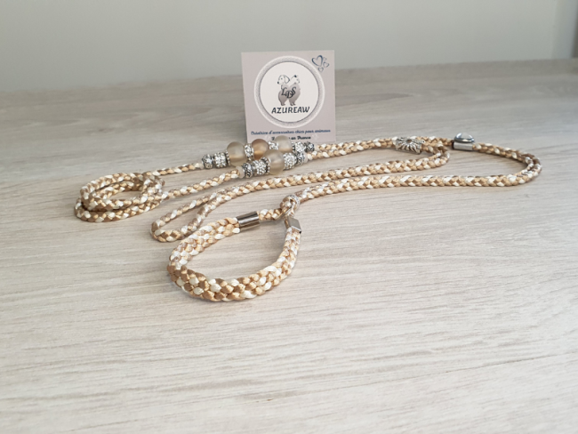 Laisse d’exposition canine Douceur Champagne tressée champagne et ivoire avec perles – Azureaw
