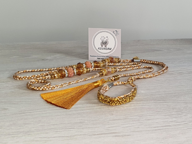 Laisse luxe expositions canines Champagne & Caramel pailleté doré avec pompon pour petit chien - Fait main