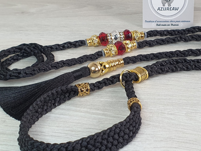 Laisse d’exposition Majesté Rubis noir avec perles, pompon et sous-gorge | Azureaw