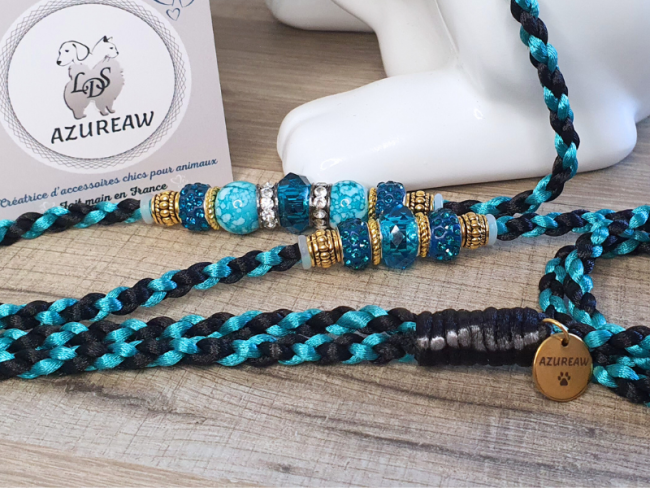 Laisse mousqueton noir & bleu canard - Fait main