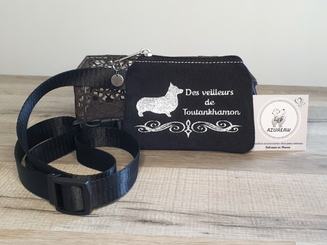 Pochette à friandises noire Modèle ÉLÉGANT personnalisée pailleté argenté fixation ceinture, Toutes races - Fait main