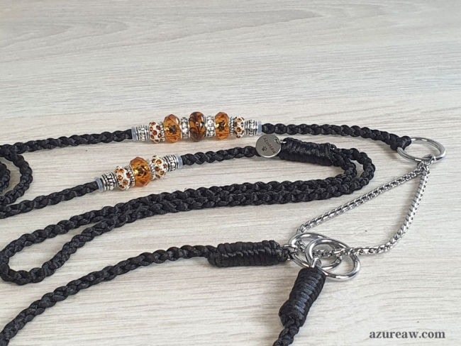Ensemble expo martingale Nocturne Ambré Azureaw, tressé noir avec perles ambrées et chaînette serpentine pour exposition canine