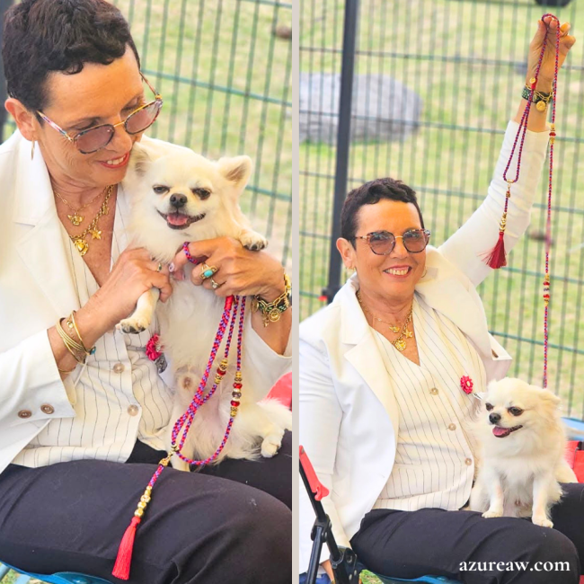 Chien portant la laisse mousqueton Éclat Impérial tressée rouge et violet avec perles et pompon amovible