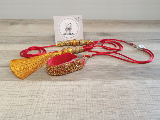 Laisse expositions canines Luxe ROUGE DORÉ PAILLETÉ avec poignée et pompon pour mini chien - Fait main
