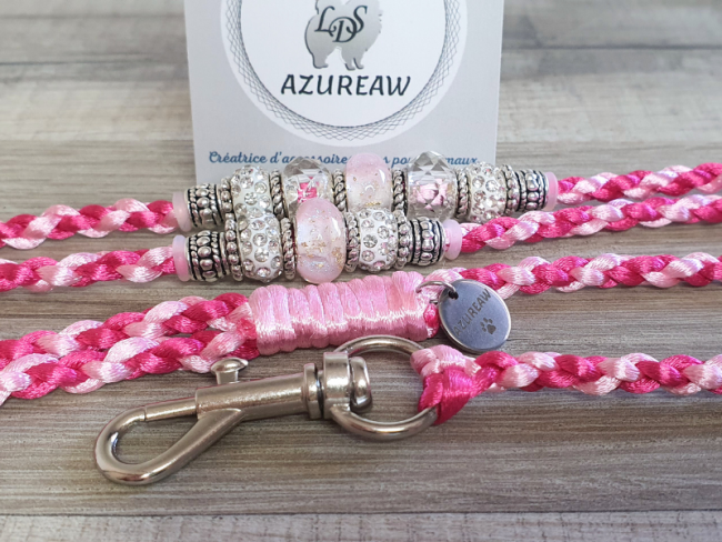 Laisse mousqueton ROSE ÉLÉGANCE, Fuchsia & Rose - Fait main