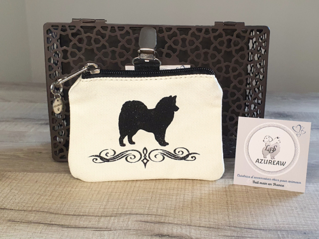 Pochette à friandises blanche Modèle ÉLÉGANT personnalisée pailleté noir fixation pince, Toutes races - Fait main