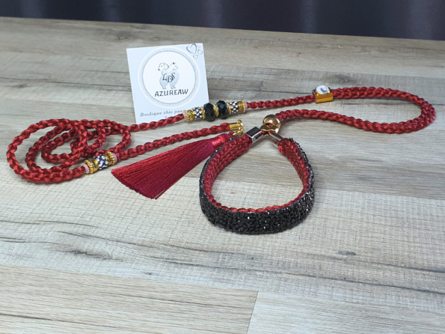 Laisse expositions canines LUXE PAILLETÉE grand chien avec pompon Laisse expositions canines LUXE PAILLETÉE grand chien avec pompon