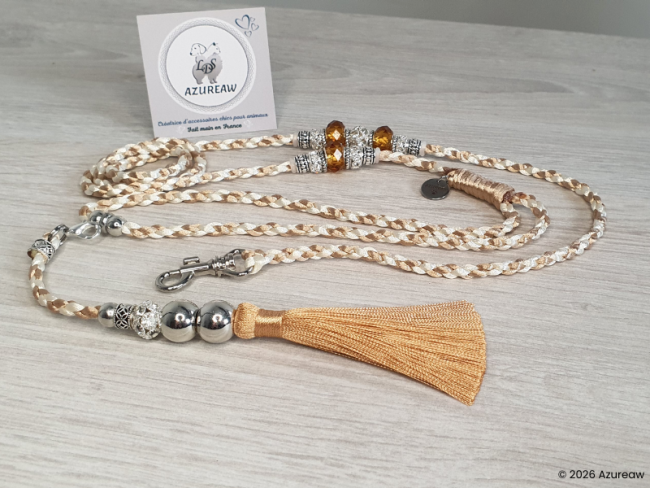 Laisse mousqueton ivoire & Champagne Azureaw poignée et pompon amovible avec perles champagne, finition argentée.