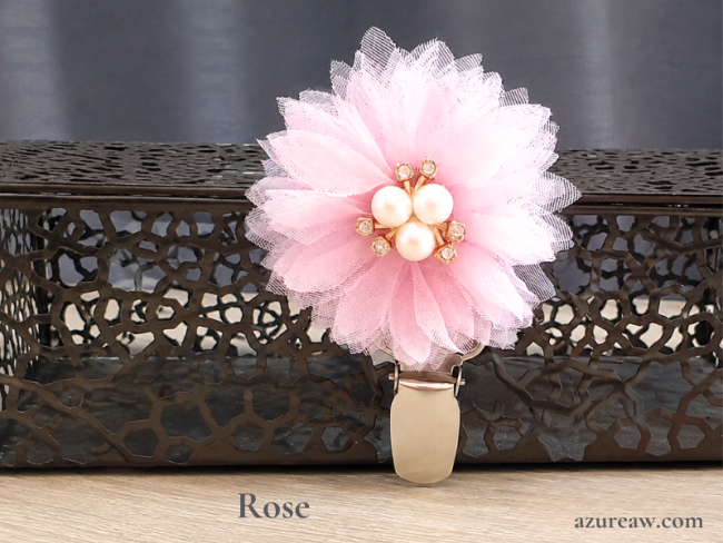 Broche porte-numéro Fleur perles et strass Rose Azureaw- Fait main