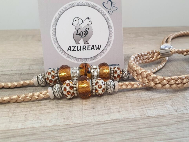 Laisse d’exposition champagne tressée avec sous-gorge, perles champagne haut de gamme et finitions argentées – Bulles Précieuses