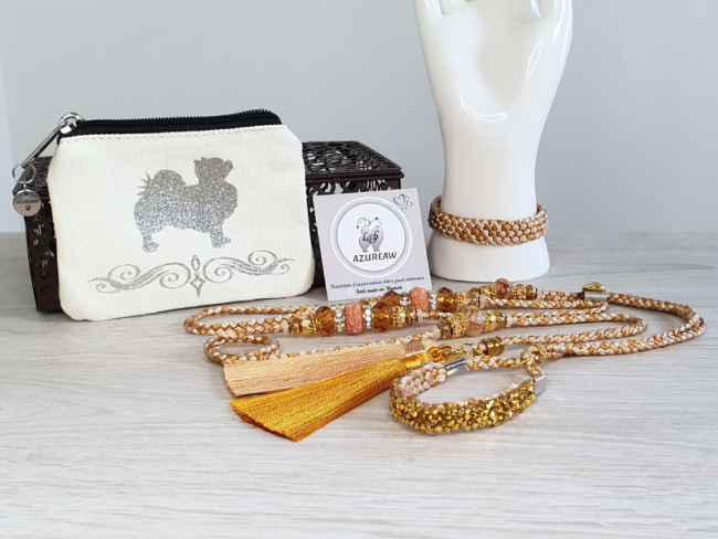 Coffret Expos Canines - Laisse luxe Champagne - caramel pailleté doré & pochette friandises Elégante - bracelet assorti - Fait main