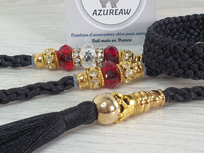 Laisse d’exposition Majesté Rubis noir avec perles, pompon et sous-gorge | Azureaw