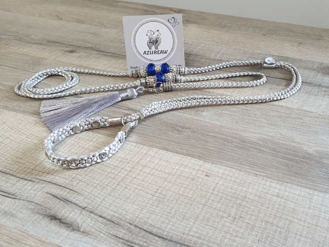 Laisse expositions canines LUXE Strass ARGENTÉ MARINE ARGENTÉ MARINE pour petit/moyen chien - Fait main